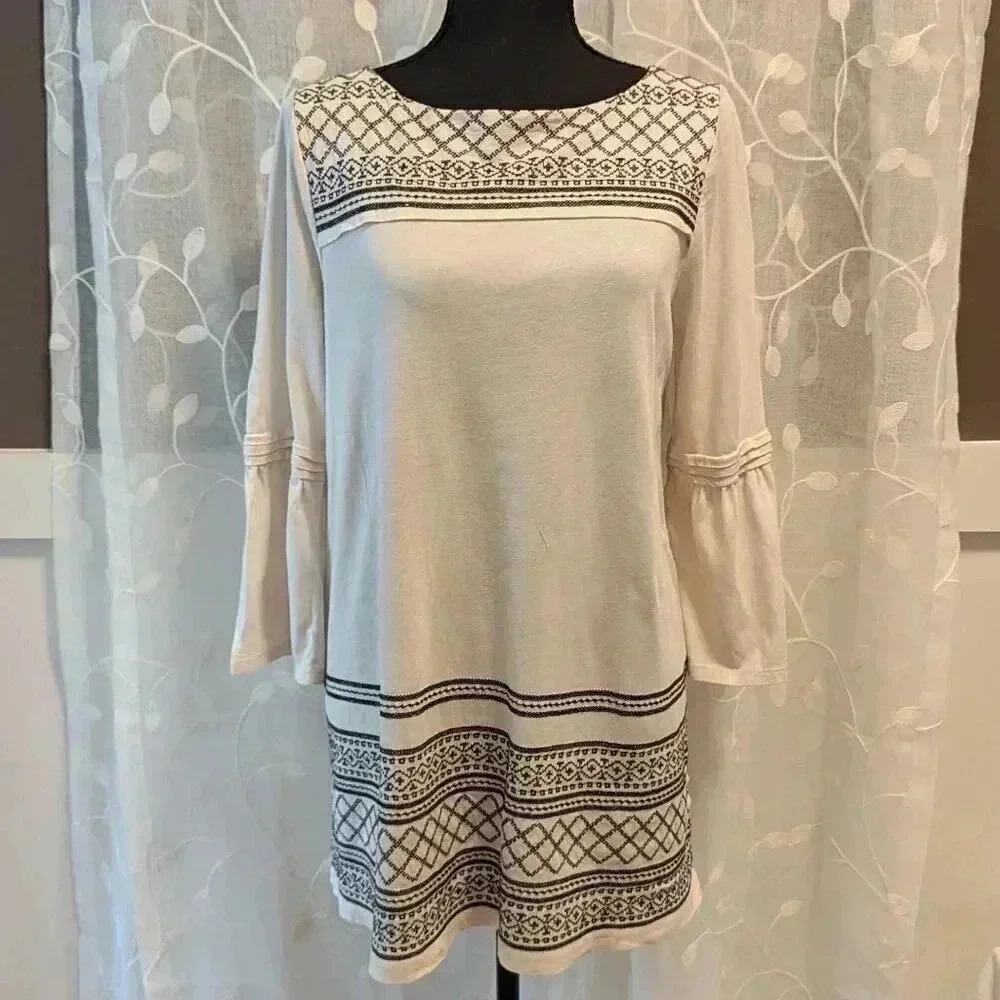 J.Jill Tunic Shirt with Bell Sleeves, Cream, Size S, Embroidered